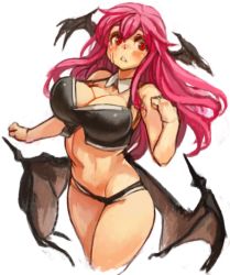 Rule 34 | 1girl, bat wings, bikini, black bikini, blush, breasts, cleavage, detached collar, facial mark, head wings, koakuma, large breasts, long hair, low wings, parted lips, red eyes, red hair, sachito, simple background, sketch, solo, swimsuit, thick thighs, thighs, touhou, white background, wings