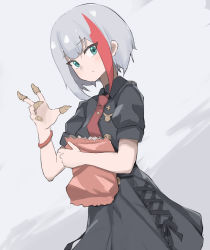 Rule 34 | 1girl, absurdres, admiral graf spee (azur lane), admiral graf spee (girl&#039;s sunday) (azur lane), admiral graf spee (girl&#039;s sunday) (azur lane), azur lane, bad id, bad pixiv id, bag of chips, black dress, blue eyes, bracelet, bugles, bugles (food), bugles on fingers, cross, dress, food on hand, from side, highres, iron cross, jewelry, multicolored hair, necktie, no tail, official alternate costume, short hair, simple background, solo, streaked hair, white hair, yuo6312