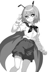Rule 34 | 1girl, antennae, cape, closed mouth, collared shirt, commentary, greyscale, highres, long sleeves, looking at viewer, monochrome, onkn sxkn, shirt, short hair, shorts, simple background, smile, solo, touhou, w, wriggle nightbug