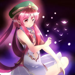 Rule 34 | 1boy, aura, bad id, bad pixiv id, bare arms, braid, china dress, chinese clothes, dress, facing away, fireflies, gradient background, hand up, hat, light smile, lips, long hair, magi the labyrinth of magic, male focus, pink hair, porokkon, red eyes, red hair, ren kouha, sidelocks, solo, trap