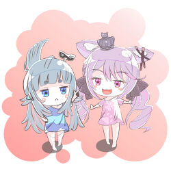 Rule 34 | 2girls, :&lt;, :3, absurdres, alternate costume, and uge, animal ears, black bow, black ribbon, blue eyes, blue shirt, blunt bangs, blush, bow, cat ears, chibi, commentary request, crown, ear ribbon, flat chest, full body, grey hair, hair bow, head wings, highres, ina uruu, joints, long hair, looking at another, low twintails, mini crown, multiple girls, nanashi inc., open mouth, outstretched arms, pink eyes, pink shirt, purple hair, ribbon, robot joints, sanshoku dango (miiroillust), shirt, single head wing, smile, spread arms, thick eyebrows, twintails, virtual youtuber, walking, winding key, wings