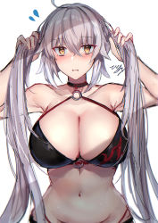 Rule 34 | 1girl, absurdres, adjusting hair, bikini, black bikini, black choker, breasts, bunching hair, choker, cleavage, fate/grand order, fate (series), grey hair, highres, hitomin (ksws7544), huge filesize, jeanne d&#039;arc alter (swimsuit berserker) (fate), jeanne d&#039;arc (fate), jeanne d&#039;arc alter (fate), jeanne d&#039;arc alter (swimsuit berserker) (fate), large breasts, long hair, looking at viewer, o-ring, o-ring bikini, solo, standing, sweatdrop, swimsuit, twintails, watermark, white background, yellow eyes
