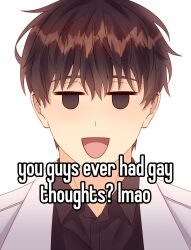 Rule 34 | 1boy, black shirt, brown hair, collared shirt, commentary, english text, highres, kim dokja, looking at viewer, male focus, meme, omniscient reader&#039;s viewpoint, open mouth, shirt, short hair, simple background, smile, solo, symbol-only commentary, taozi tea, white background