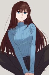 Rule 34 | 1girl, aozaki aoko, black pants, blue eyes, blue sweater, brown hair, closed mouth, commentary request, grey background, hair intakes, highres, long hair, long sleeves, looking at viewer, mahou tsukai no yoru, pants, ribbed sweater, shintyoi2, simple background, sitting, solo, striped clothes, striped sweater, sweater, turtleneck, turtleneck sweater, vertical stripes