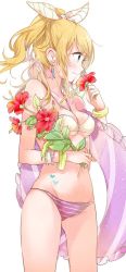 Rule 34 | 10s, 1girl, ayase eli, bad id, bad twitter id, bare shoulders, bikini, blonde hair, blue eyes, bracelet, breasts, cleavage, earrings, flower, fly 333, from side, halterneck, hibiscus, holding, holding flower, innertube, jewelry, long hair, lots of jewelry, love live!, love live! school idol festival, love live! school idol project, medium breasts, navel, o-ring, o-ring top, ponytail, simple background, solo, striped bikini, striped clothes, swim ring, swimsuit, white background