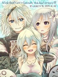 Rule 34 | 1boy, 2girls, bandaged arm, bandages, breasts, closed mouth, emil (nier), grimoire weiss, kaine (nier), long hair, multiple girls, nier, nier (series), nier (brother), open mouth, ray090611, smile, yonah