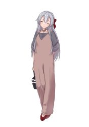 Rule 34 | 1girl, absurdres, arm behind back, bag, casual, closed eyes, fate/grand order, fate (series), full body, hair down, hair ribbon, half updo, halterneck, hane yuki, head tilt, highres, holding, holding bag, jewelry, red eyes, ribbon, silver hair, simple background, smile, solo, standing, tomoe gozen (fate), white background
