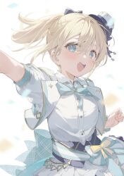 Rule 34 | 1girl, :d, aqua bow, aqua eyes, arm up, back bow, blonde hair, blue bow, blurry, blush, bow, breasts, commentary request, confetti, cropped jacket, cummerbund, depth of field, dress shirt, eyes visible through hair, gold trim, hair between eyes, hair bow, hana mori, hand out of frame, hat, high ponytail, highres, hololive, hololive idol uniform (bright), jacket, kazama iroha, looking at viewer, medium breasts, mini hat, mini top hat, neck ribbon, official alternate costume, open clothes, open jacket, open mouth, pleated skirt, ponytail, puffy short sleeves, puffy sleeves, ribbon, shirt, short sleeves, simple background, skirt, smile, solo, star (symbol), teeth, thick eyelashes, top hat, upper body, upper teeth only, virtual youtuber, white background, white hat, white jacket, white shirt, white skirt, white wrist cuffs, wrist cuffs, yellow bow