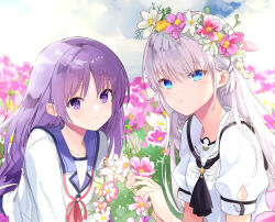 Rule 34 | 2girls, angel beats!, asami yuriko, ascot, black ascot, blue eyes, blue sailor collar, blunt ends, blush, closed mouth, commentary request, crossover, day, eyelashes, eyes visible through hair, flower, flower wreath, garden, hair between eyes, hair ornament, hairclip, hands up, head wreath, highres, holding, holding wreath, irie miyuki, key (company), long hair, looking at viewer, multiple girls, naruse shiroha, neckerchief, outdoors, parted bangs, parted lips, pink neckerchief, puffy short sleeves, puffy sleeves, purple eyes, purple flower, purple hair, ringed eyes, sailor collar, school uniform, shinda sekai sensen uniform, shirt, short sleeves, sidelocks, smile, straight hair, summer pockets, tsurime, upper body, very long hair, white flower, white hair, white sailor collar, white shirt