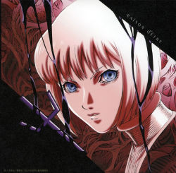 Rule 34 | 00s, 1girl, blonde hair, blue eyes, clare (claymore), claymore (series), collar, expressionless, highres, lips, looking at viewer, pink hair, short hair, solo, text focus, upper body
