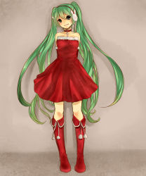Rule 34 | 1girl, absurdres, arms behind back, bad id, bad pixiv id, boots, choker, cross, dress, earmuffs, green eyes, green hair, hatsune miku, highres, knee boots, long hair, matching hair/eyes, run (sweettimehappy), santa costume, solo, strapless, strapless dress, twintails, very long hair, vocaloid