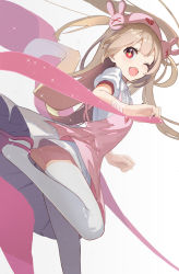 Rule 34 | + +, 1girl, ;d, apron, brown hair, collared shirt, commentary, fang, from side, gradient background, grey background, hair ornament, hat, highres, long hair, looking at viewer, looking to the side, natori sana, nurse cap, one eye closed, open mouth, pink apron, pink footwear, pink hat, pleated skirt, puffy short sleeves, puffy sleeves, rabbit hair ornament, red eyes, sana channel, shirt, shoes, short sleeves, shuuha arutsu, skirt, smile, solo, standing, standing on one leg, symbol-only commentary, thighhighs, two side up, very long hair, virtual youtuber, white background, white shirt, white skirt, white thighhighs