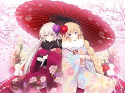 Rule 34 | 2girls, arrow (projectile), blonde hair, blue eyes, blue kimono, blush, braid, breasts, brown eyes, closed mouth, commentary request, fate/grand order, fate (series), floral print, flower, fur collar, grey hair, hair between eyes, hair flower, hair ornament, hamaya, head tilt, holding, holding arrow, holding umbrella, japanese clothes, jeanne d&#039;arc (fate), jeanne d&#039;arc (ruler) (fate), jeanne d&#039;arc alter (avenger) (fate), jeanne d&#039;arc alter (fate), kimono, long hair, long sleeves, medium breasts, miko (royal milk), multiple girls, obi, oil-paper umbrella, print kimono, purple flower, red flower, red kimono, red umbrella, sash, signature, single braid, sleeves past wrists, smile, umbrella, very long hair, white flower, wide sleeves