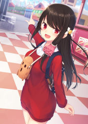 Rule 34 | 1girl, :d, backpack, bag, black hair, blue sky, blurry, blurry background, blush, breasts, cloud, collared shirt, commentary request, day, depth of field, dress, dress shirt, dutch angle, ferris wheel, hair ornament, haniwa (statue), highres, long hair, long sleeves, looking at viewer, open mouth, original, outdoors, outstretched arm, pointing, red dress, red eyes, shirt, sidelocks, sky, small breasts, smile, solo, standing, tsuchikure, very long hair, white shirt