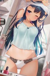 Rule 34 | 1girl, armpits, arms up, bathroom, black eyes, black hair, blue camisole, blush, breasts, camisole, clothes lift, collarbone, commentary request, highres, indoors, lifting own clothes, long hair, midriff, minato ojitan, mirror, mouth hold, navel, one eye closed, original, panties, reflection, shirt, shirt lift, short shorts, shorts, sleepy, small breasts, solo, standing, toothbrush, underwear, undressing, white panties, white shirt