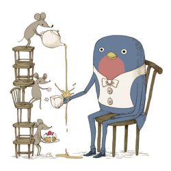 Rule 34 | bird, bow, bowtie, buttons, cake, chair, cup, food, mouse (animal), no humans, original, parallela66, sugar cube, table, tea, teacup, vest, white background