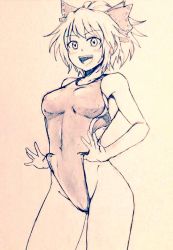 Rule 34 | 1girl, alternate costume, bare legs, bow, breasts, commentary request, competition swimsuit, covered navel, d-m (dii emu), eyelashes, greyscale, hair bow, kurodani yamame, looking at viewer, medium hair, monochrome, one-piece swimsuit, open mouth, ponytail, swimsuit, touhou, traditional media