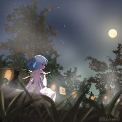 Rule 34 | 1girl, artist name, black cat, blue bow, blue eyes, blue hair, blurry, bow, cat, cirno, depth of field, dutch angle, from behind, full moon, hair bow, highres, ice, ice wings, lantern, lbcirno9, moon, night, night sky, onsen, outdoors, profile, scenery, sky, solo, star (sky), topless, touhou, tree, wings