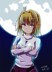 Rule 34 | 1girl, antenna hair, arcueid brunestud, blonde hair, closed mouth, cowboy shot, crossed arms, dated, dot zip, full moon, glowing, glowing eyes, hair intakes, highres, looking at viewer, melty blood, moon, night, purple skirt, red eyes, shirt, short hair, skirt, solo, standing, tsukihime, v-shaped eyebrows, white shirt