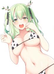 Rule 34 | 1girl, animal print, antlers, bikini, blush, breasts, ceres fauna, cleavage, collarbone, cow print, cow print bikini, flower, green hair, hair flower, hair ornament, hair ribbon, highres, hololive, hololive english, horns, large breasts, long hair, looking at viewer, mole, mole under eye, multicolored hair, navel, open mouth, print bikini, qilin (mythology), ribbon, simple background, smile, solo, swimsuit, teardrop, tearing up, tears, twintails, two side up, underboob, virtual youtuber, yellow eyes, zou eita