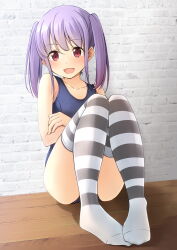 Rule 34 | 1girl, :d, bare shoulders, blue one-piece swimsuit, brick wall, collarbone, commentary request, crossed arms, hair between eyes, highres, knees up, looking at viewer, no shoes, one-piece swimsuit, open mouth, original, purple hair, red eyes, school swimsuit, shibacha, sitting, smile, solo, striped clothes, striped thighhighs, swimsuit, thighhighs, twintails