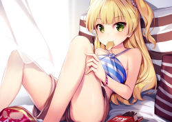 Rule 34 | 1girl, bare shoulders, blonde hair, bracelet, chips (food), food, food in mouth, green eyes, idolmaster, idolmaster cinderella girls, jewelry, jougasaki rika, leaning back, long hair, looking at viewer, midriff, mouth hold, pocky, potato chips, shorts, sitting, solo, two side up, upshorts, yan (nicknikg)