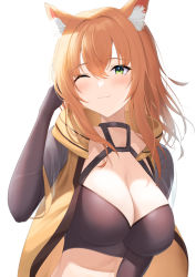 Rule 34 | 1girl, :3, animal ears, black gloves, blush, breasts, brown hair, character request, cleavage, closed mouth, commission, copyright request, fox ears, fox girl, futon fly away, gloves, green eyes, highres, large breasts, looking at viewer, medium breasts, one eye closed, pixiv commission, simple background, smile, solo, upper body, white background