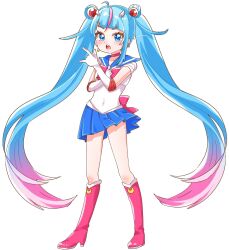 Rule 34 | 1girl, bishoujo senshi sailor moon, blue eyes, blue hair, blue sailor collar, blue skirt, boots, bow, bowtie, choker, cosplay, crescent, crossover, cure sky, double bun, earrings, elbow gloves, full body, gloves, hair bun, hair ornament, highres, himawarin5ame0, hirogaru sky! precure, jewelry, knee boots, long hair, looking at viewer, multicolored hair, parody, pink bow, pink bowtie, pink footwear, pink hair, pleated skirt, precure, sailor collar, sailor moon, sailor moon (cosplay), sailor senshi uniform, simple background, skirt, solo, style parody, tsuki ni kawatte oshioki yo, twintails, white background, white gloves