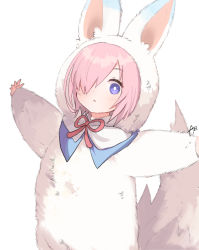 Rule 34 | animal costume, animal ears, animal hood, azu (kirara310), blue eyes, fake animal ears, fate/grand order, fate (series), fou (fate), hair over one eye, highres, hood, hood up, mash kyrielight, neck ribbon, official alternate costume, outstretched arms, pink hair, red ribbon, ribbon, signature, solo, spread arms