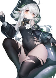 Rule 34 | 1girl, absurdres, ahoge, arknights, bare shoulders, black thighhighs, blush, breasts, crocodilian tail, eyebrows, flower, gloves, goggles, green nails, highres, holding, hood, large tail, long hair, long sleeves, looking at viewer, nail polish, pointy ears, silver hair, simple background, small breasts, solo, tail, thick thighs, thighhighs, thighs, tomimi (arknights), torn clothes, torn thighhighs, tuzhate, white background, yellow eyes
