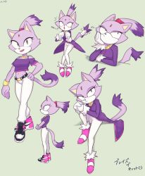 Rule 34 | 1girl, :3, ^^^, adapted costume, alternate costume, animal ears, artist name, bare shoulders, belt, blaze the cat, blush, bored, bra, bra strap, bracelet, breasts, cat ears, cat tail, character name, clenched hands, closed mouth, coat, constricted pupils, crop top, cross-laced footwear, disembodied hand, fang, female focus, forehead jewel, from side, fur-trimmed footwear, fur-trimmed gloves, fur trim, furry, furry female, gloves, green background, hair tie, half-closed eyes, hand on own hip, hands up, happy, head rest, highres, japanese text, jewelry, knee up, knees together feet apart, looking at viewer, looking up, midriff, multicolored hair, multiple views, navel, necklace, off shoulder, open mouth, own hands together, pants, pink footwear, profile, purple coat, purple hair, purple shirt, shiny clothes, shirt, shoes, short hair, short sleeves, signature, simple background, sitting, small breasts, smile, sneakers, sonic (series), standing, stomach, suigi, surprised, sweat, tail, tail grab, topknot, translated, twitter username, two-tone hair, underwear, upper body, white bra, white gloves, white pants, yellow eyes