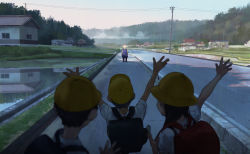 Rule 34 | 1girl, 3boys, absurdres, backpack, bag, building, child, commentary request, day, from behind, hat, highres, house, matsuura kento, multiple boys, multiple girls, old, old man, original, pond, power lines, randoseru, reflection, road, rural, scenery, school hat, shadow, shirt, short sleeves, street, tree, utility pole, water, waving, white shirt