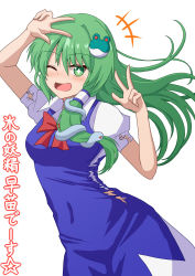 Rule 34 | +++, + +, 1girl, :d, arm on own head, arms up, blue dress, blush, cirno, cirno (cosplay), commentary request, cosplay, dress, floating hair, frog hair ornament, green hair, hair ornament, hair tubes, highres, kochiya sanae, long hair, looking at viewer, one eye closed, open mouth, partial commentary, puffy short sleeves, puffy sleeves, shirt, short sleeves, simple background, single sidelock, smile, snake hair ornament, solo, standing, sugiyama ichirou, torn clothes, torn dress, torn sleeves, touhou, very long hair, w, white background, white shirt