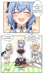 Rule 34 | 3girls, absurdres, ahoge, bare shoulders, bell, blonde hair, blue hair, breasts, closed eyes, detached sleeves, dress, dulldull, eating, english text, flower, food, ganyu (genshin impact), genshin impact, hair flower, hair ornament, halo, highres, horns, long hair, lumine (genshin impact), medium breasts, multiple girls, neck bell, no gloves, open mouth, outdoors, paimon (genshin impact), shaded face, short hair, sitting, smile, sparkle, sweatdrop, vision (genshin impact), wariza, white dress, white flower, white hair