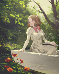 Rule 34 | 1girl, belt, blush, boat, book, book on lap, bow, brown hair, dress, fajyobore, flower, forest, frilled sleeves, frills, green theme, highres, light blush, light particles, light rays, long sleeves, nature, open book, orange flower, original, outdoors, parted lips, pink bow, pink eyes, puffy sleeves, reflection, short hair, sitting, solo, spring (season), teeth, tree, turtleneck, water, watercraft, white dress