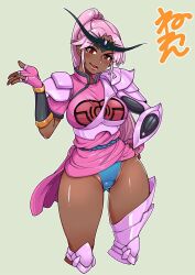Rule 34 | 1girl, armor, breasts, dark-skinned female, dark skin, dragon quest, dragon quest dai no daibouken, fingerless gloves, gloves, large breasts, long hair, looking at viewer, maam, neone, open mouth, pink gloves, pink hair, shoulder armor, simple background, single thighhigh, smile, solo, standing, thighhighs