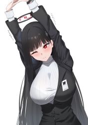 Rule 34 | 1girl, absurdres, arms up, black hair, black jacket, blazer, blue archive, blush, bra visible through clothes, breasts, bright pupils, commentary request, hair ornament, hairclip, halo, highres, jacket, large breasts, long hair, long sleeves, one breast out, one eye closed, outstretched arms, red eyes, rio (blue archive), rk (cc15915r), simple background, solo, straight hair, stretching, sweater, turtleneck, turtleneck sweater, upper body, very long hair, white background, white pupils, white sweater