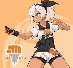 Rule 34 | 1girl, bea (pokemon), black bodysuit, black hairband, bodysuit, bodysuit under clothes, bow hairband, character name, closed mouth, collarbone, collared shirt, commentary request, covered navel, cowboy shot, creatures (company), eyelashes, game freak, gloves, grey eyes, gym leader, hair between eyes, hairband, hands up, highres, nei minolis, nintendo, partially fingerless gloves, pokemon, pokemon swsh, print shirt, print shorts, shirt, short hair, short sleeves, shorts, side slit, side slit shorts, single glove, solo, white hair, wristband