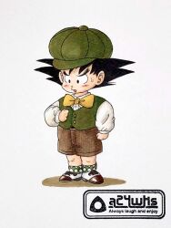 Rule 34 | 1boy, a24wks, artist logo, artist name, black eyes, black hair, bow, bowtie, brown shorts, cabbie hat, clenched hand, commentary request, dragon ball, dragon ball (classic), full body, green vest, hat, highres, male focus, marker (medium), official art, shorts, solo, son goku, sweatdrop, toriyama akira (style), traditional bowtie, traditional media, vest, watermark, yellow bow, yellow bowtie