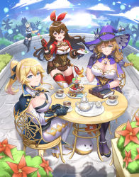 Rule 34 | 4girls, amber (genshin impact), black bow, blonde hair, blue capelet, blue eyes, blue hair, blue sky, blush, book, bow, breasts, brown eyes, brown hair, brown shorts, burnt green tea, capelet, chair, cleavage, cloud, commentary request, cup, dango, day, detached sleeves, eula (genshin impact), food, genshin impact, grin, hair between eyes, hair bow, hair ribbon, hat, high heels, highres, holding, holding plate, jacket, jean (genshin impact), large breasts, leggings, lisa (genshin impact), long hair, long sleeves, looking at viewer, medium breasts, multiple girls, outdoors, pants, parted lips, plate, ponytail, pouch, purple capelet, purple headwear, red jacket, red ribbon, ribbon, sanshoku dango, shirt, short shorts, shorts, sidelocks, sitting, sky, smile, strapless, strapless shirt, table, teacup, teapot, thighhighs, tiered tray, vambraces, wagashi, white pants, witch hat