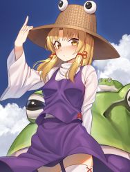 Rule 34 | 1girl, absurdres, animal, arm up, blonde hair, blue sky, blush, brown eyes, brown hat, closed mouth, cloud, commentary request, day, frog, goback, hand on headwear, hat, highres, long hair, long sleeves, looking at viewer, moriya suwako, outdoors, oversized animal, parted bangs, purple skirt, purple vest, shirt, skirt, skirt set, sky, solo, thighhighs, touhou, turtleneck, vest, white shirt, white thighhighs, wide sleeves