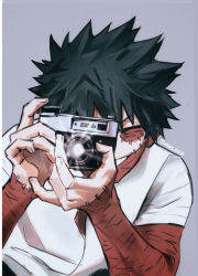 Rule 34 | 1boy, absurdres, artist name, black hair, boku no hero academia, burn scar, camera, cheek piercing, closed eyes, commentary, dabi (boku no hero academia), grin, highres, holding, holding camera, male focus, multiple scars, scar, scar on arm, scar on face, sharl0ck, shirt, smile, solo, spiked hair, symbol-only commentary, taking picture, upper body, white shirt