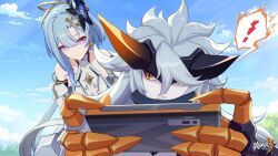 Rule 34 | !, 2girls, aged up, bare shoulders, blue sky, breasts, character request, chinese commentary, cleavage cutout, clothing cutout, day, earrings, griseo, griseo (cosmic expression), hair between eyes, highres, holding, holding phone, honkai (series), honkai impact 3rd, horns, jewelry, large breasts, logo, long hair, multiple girls, official art, official wallpaper, outdoors, phone, purple eyes, sky, twintails, white hair, yellow eyes