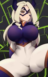 Rule 34 | 1girl, abstract background, absurdres, ass, blonde hair, bodysuit, boku no hero academia, breasts, cameltoe, covered navel, domino mask, fake horns, highres, horns, huge breasts, long hair, looking at viewer, mask, mount lady, parted lips, postblue98, raised eyebrow, red eyes, skin tight, solo, spread legs, mount lady