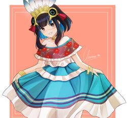 Rule 34 | 1girl, absurdres, bare shoulders, black hair, blue hair, collarbone, colored inner hair, commentary, dress, fate/grand order, fate (series), feathers, grey eyes, headpiece, highres, jewelry, looking at viewer, medium hair, mexican dress, multicolored hair, neck ring, off shoulder, official alternate costume, poncho, sidelocks, signature, simple background, skirt hold, solo, tenochtitlan (fate), umirunie, wavy hair, white dress