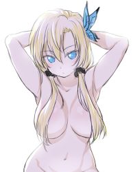 Rule 34 | 10s, 1girl, aqua eyes, armpits, arms behind head, arms up, blonde hair, blush, boku wa tomodachi ga sukunai, breasts, bug, butterfly, butterfly hair ornament, censored, cleavage, completely nude, convenient censoring, female focus, hair between eyes, hair censor, hair ornament, hair over breasts, hair scrunchie, insect, kashiwazaki sena, large breasts, long hair, looking at viewer, low twintails, navel, nude, onsoku inu, out-of-frame censoring, scrunchie, simple background, solo, twintails, white background