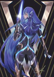 Rule 34 | 1boy, androgynous, armor, ass, blue hair, bodysuit, collarbone, demon girl, eyelashes, gloves, highres, long hair, looking at viewer, protagonist (smtv), purple hair, shin megami tensei, shin megami tensei v, simple background, solo, suafma, very long hair, yellow eyes
