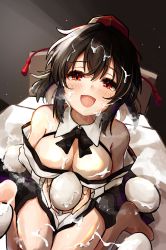 Rule 34 | 1girl, absurdres, adapted costume, barefoot, black hair, black ribbon, breasts, cleavage, detached collar, egg, hat, highres, hira-san, looking at viewer, medium breasts, open mouth, pom pom (clothes), red eyes, red hat, ribbon, shameimaru aya, smile, solo, suggestive fluid, tokin hat, touhou