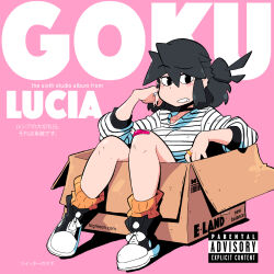Rule 34 | 1girl, album cover, black eyes, black footwear, black hair, black nails, blush, box, character name, cover, highres, in box, in container, knees up, lucia (scott malin), nail polish, orange socks, original, parental advisory, parted lips, pink background, scott malin, shadow, shoes, sitting, sneakers, socks, solo, translation request