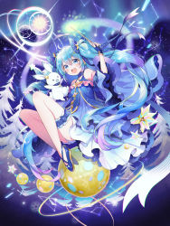 Rule 34 | 1girl, blue dress, blue eyes, blue gloves, blue hair, blush, constellation, constellation print, crossed bangs, dress, fingerless gloves, floating hair, full body, gel (chiericyan), gloves, hair between eyes, hatsune miku, highres, holding, holding wand, knees up, legs apart, long hair, looking at viewer, open mouth, plantar flexion, rabbit, sidelocks, smile, snowflakes, solo, star (sky), star (symbol), starry sky print, teeth, twintails, very long hair, vocaloid, wand, yuki miku, yukine (vocaloid)